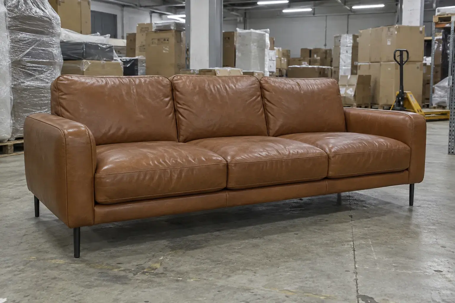 Brązowa skórzana sofa sfotografowana telefonem w magazynie, między kartonami i paletami